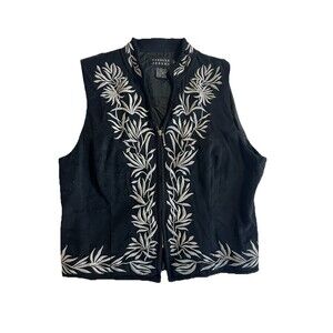 Spenser Jeremy Vest Embroidered Black Silk Silver Vest Size L Western Coquette
